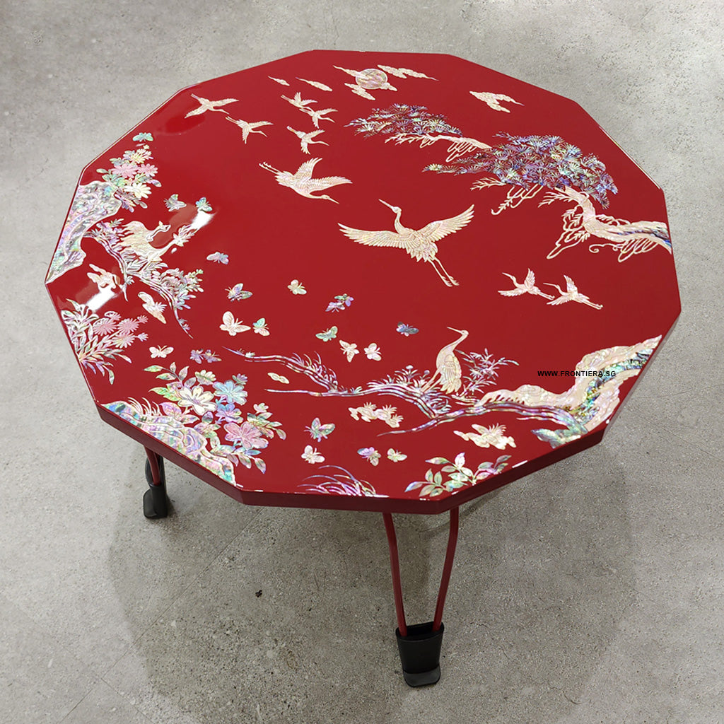 Mother-of-Pearl Inlaid decorative with flowers, pine wood and crane bird Lacquered Wood Coffee Table with Foldable feet [Red]