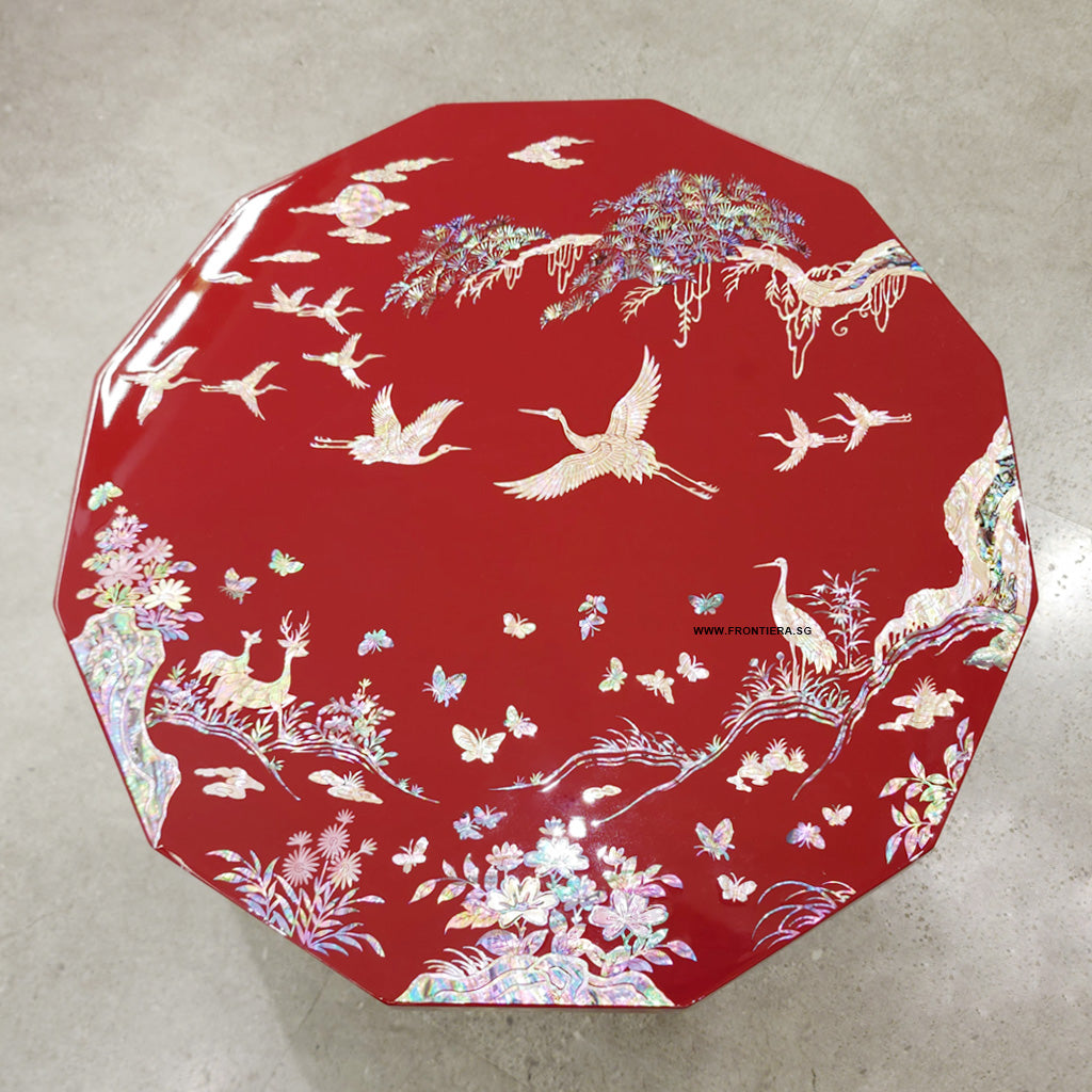 Mother-of-Pearl Inlaid decorative with flowers, pine wood and crane bird Lacquered Wood Coffee Table with Foldable feet [Red]
