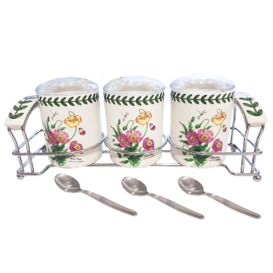 [Bone China] Floral Garden 3 Pcs Spice Jars with spice spoon and rack Set (7P) 𝟑𝟓% 𝐎𝐅𝐅
