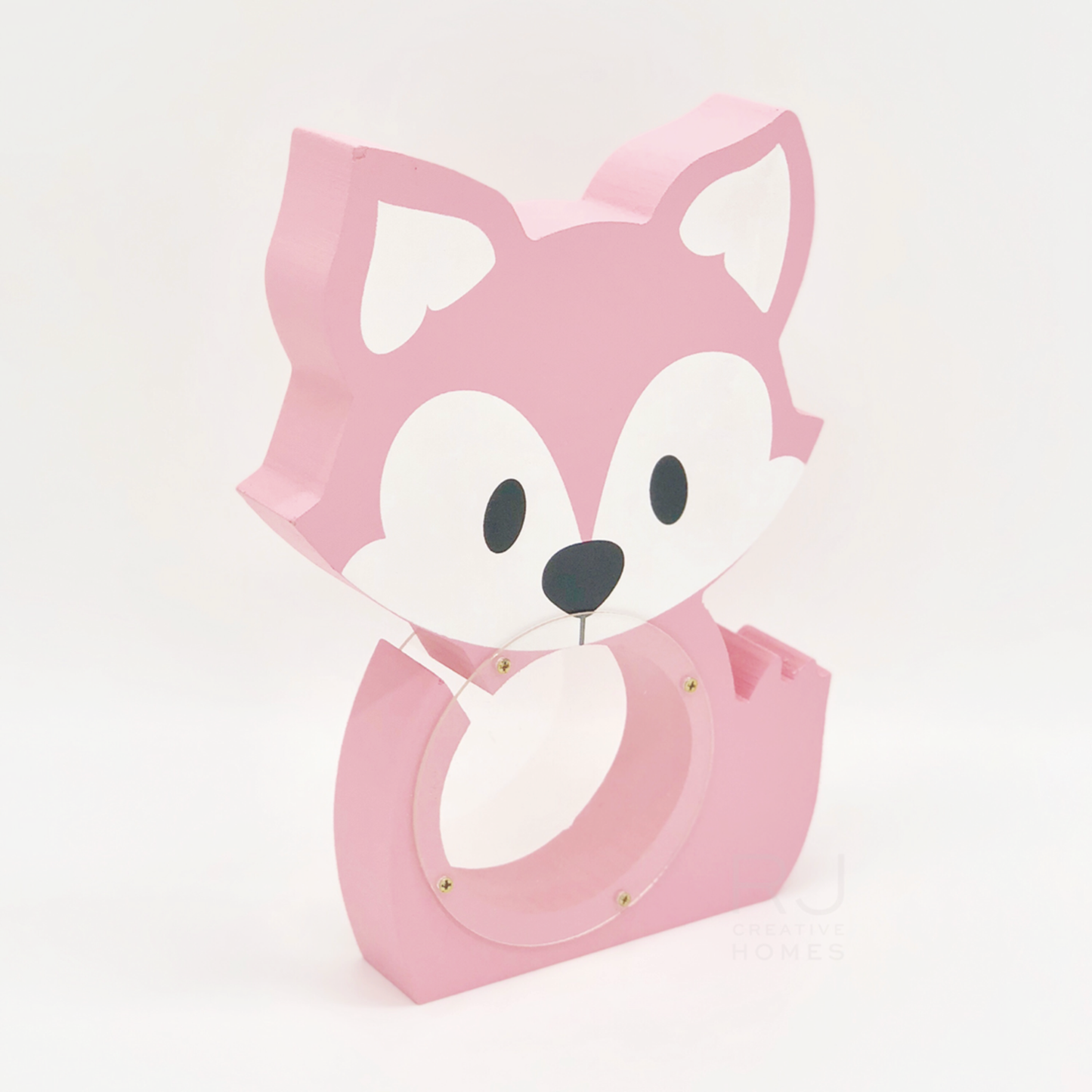 Pink fox wooden coin bank