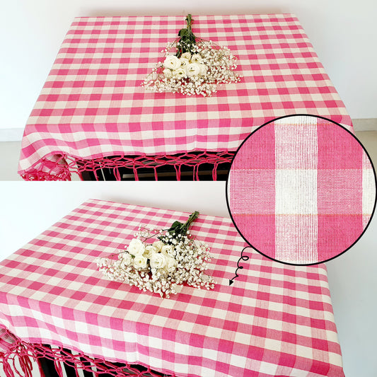 Linen Pink Checkered Tassel Tablecloth (180cm x 150cm)